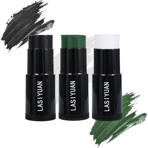 Face Body Paint Stick (BLACK+WHITE+GEEEN),Water Resistant Sports Body Makeup Athletes Softball, Professional Halloween Face Makeup Kit ,for Halloween costume, Zombie Clown Vampire