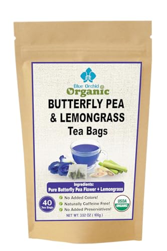 Organic Butterfly Pea Flower and Lemongrass Tea Bags - Citrusy Blue Superfood Herbal Drink - Caffeine Free - 40 Natural Corn Fiber Sachets