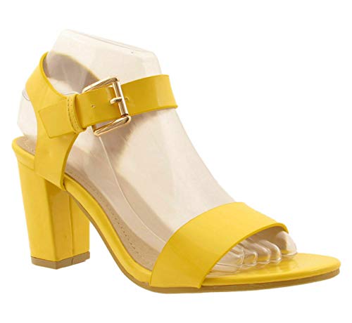 Gizelle Womens Low MID Heel Block Peep Toe Ladies Ankle Strap Party Strappy Sandals UK 3-8 (5 UK, Yellow Patent)