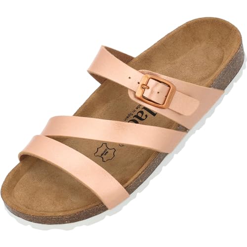 Palado Pantoletten Damen Ikaria – bequeme Sandalen Made in Spain - Hausschuhe mit dämpfendem Kork-Fußbett - modische Sommerschuhe Rose Metallic UK6 - EU39