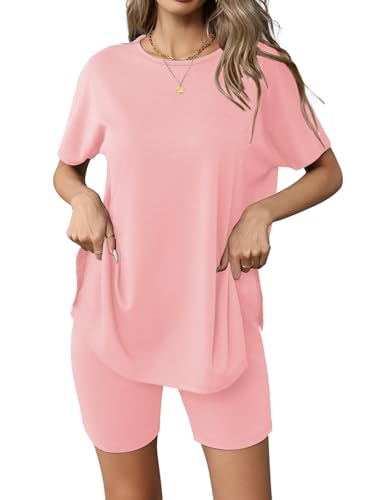 Image of Ekouaer Women's 2 Piece Lounge Set 2026 Summer Biker Shorts Set Outfits Short Sleeve Oversized Top Matching Tracksuit