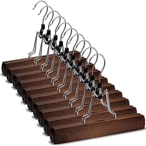 Wooden Skirt Hangers with Non-Slip Clips - Solid Wood Trouser & Jeans Hangers, Durable Slack Clamp for Clothes Organization and Closet Storage (E)