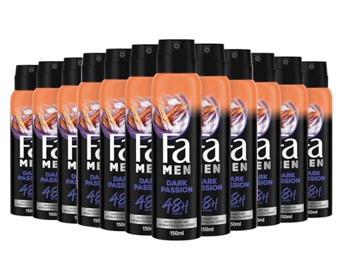 Fa Men Deodorant & Bodyspray Dark Passion (12x 150 ml), Deospray mit sinnlich-frischem Duft, Deo ohne Aluminium für bis zu 48 h Schutz, hinterlässt keine Rückstände