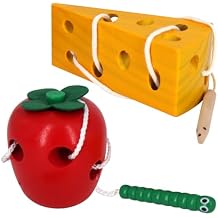 Sealive Early Development Wooden Lacing Toys, Montessori Activity Caterpillars Eat Apple and Kids Cheese Toys, Children Learning Educational Wood Block Puzzles for Toddlers Boys Girls