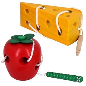 Sealive Early Development Wooden Lacing Toys, Montessori Activity Caterpillars Eat Apple and Kids Cheese Toys, Children Learning Educational Wood Block Puzzles for Toddlers Boys Girls