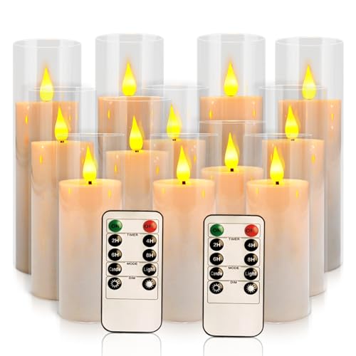 Image of 12-Pack White Acrylic Flameless LED Candle Set with Timer Remote Control-Ideal for Home Decor, Valentine's Day, Weddings, and Holiday Celebrations.