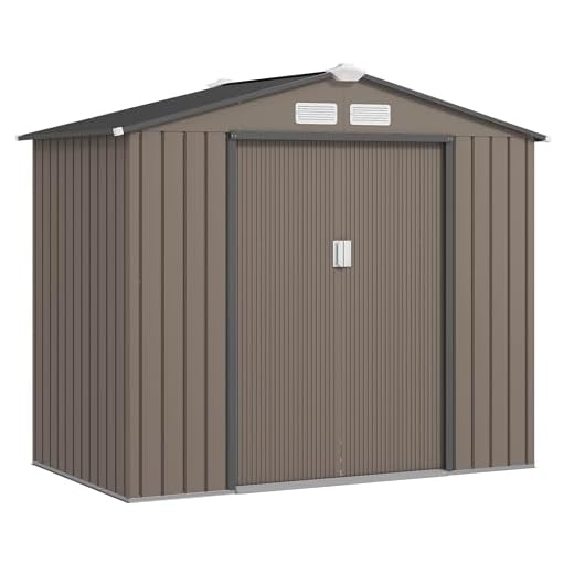 Casetta in alluminio da giardino 6 Outsunny Casetta da Giardino 2.5m² in Acciaio Zincato con Basamento e Prese d'Aria, Capanno Porta Attrezzi con Tetto Inclinato, Doppie Porte Scorrevoli Bloccabili, 213x130x185 cm, Marrone