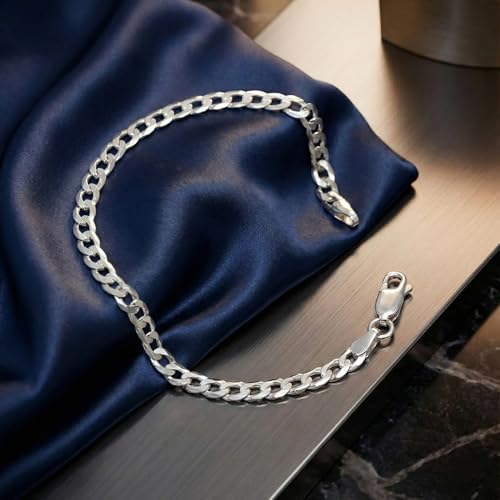 Image of TRUESILVER ACPL Solid 925 Sterling Silver Curb Chain Bracelet | Lightweight Italian Diamond-Cut 4.5MM Cuban Link Curb Chain Bracelet for Men(6.5, 7, 7.5, 8, 8.5 & 9 Inches)