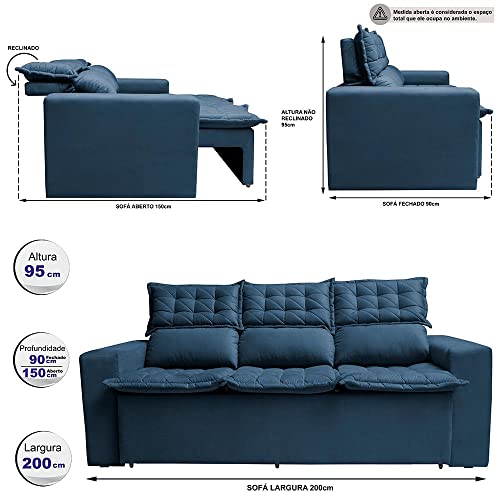 Sofá 3 Lugares Retrátil e Reclinável Cama Inbox Slim 2,00m Velusoft Azul