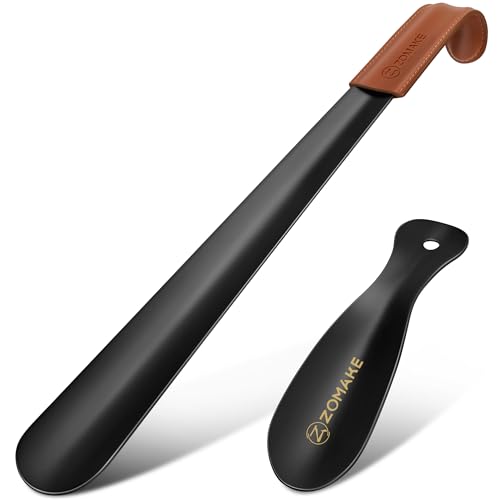 ZOMAKE Calzador de Zapatos 2 Piezas,42cm Largo Metalico Calzadores Negro para Personas Mayores con Correa Cuero,19cm Acero Inoxidable Shoe Horn Fácil de Utilizar(2 Piezas Negras A)