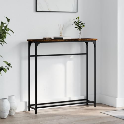 Mesa consola estrecha, mesa de entrada de 20 cm de profundidad, mesa auxiliar de sofá delgada, acabado marrón rústico, marco de metal resistente, para sala de estar, entrada, pasillo