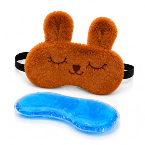 Image of Jenna Plush Bunny Sleeping Eye Mask with Reusable Cooling Gel Pad | Soft Furry Blindfold with Adjustable Elastic Strap | for Women & Girls, Travel, Relaxation, Nap and Night Sleep (Brown)