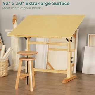 VISWIN 76 x 107 cm Table à Dessin en Bois Extra-Large, Hauteur et Angle Réglables, Table d'artiste en Bois de Pin Massif pour Dessin, Inclinable à Plat, Bureau d'art de Studio pour Peinture