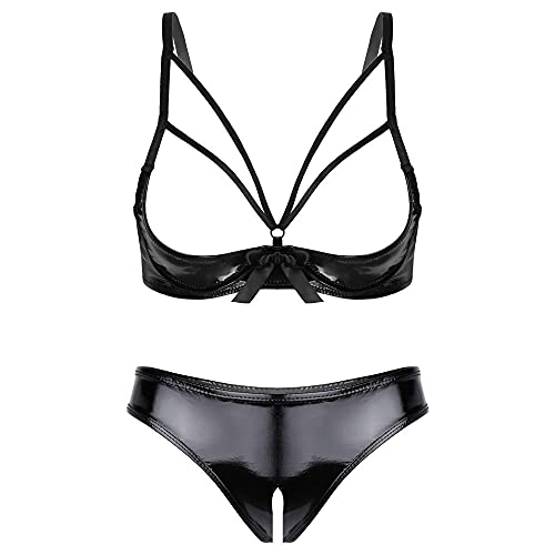 Ensemble de lingerie noire en tulle : soutien-gorge armatures et culotte ouverte