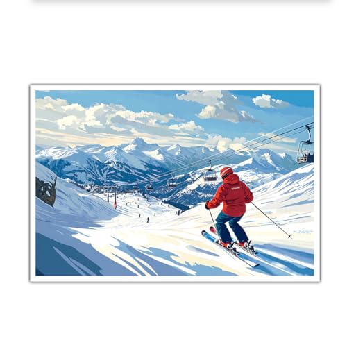 Art mural paysage de montagne enneigée : décoration murale de ski pour salon 65x95
