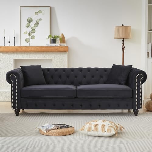 Image of Modern Chesterfield Sofa Couch, 85.5-inch Velvet Fabric 3-Seater Sofa with Rolled Arms and Tufted Button for Living Room, Office, Black