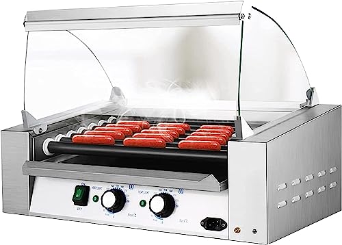 CAFIEDR Macchina per Hot Dog con 7 rulli antiaderenti, Vassoio raccogli Gocce in Acciaio Inox Rimovibile e Coperchio in Vetro, per Uso Commerciale