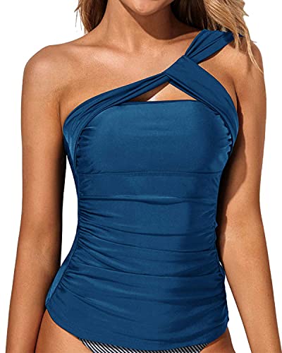 Tempt Me Women Blue Tankini Top Ruched One Shoulder Tummy Control Swimsuit Top Swim Top S