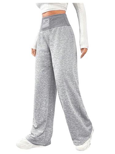 Girl's Elastic High Waisted Sweatpants Wide Leg Letter Patched Track Pants Trousers Grey 13Y