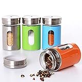 Dibha Glass Spice Shaker Jar with Steel Lid Multicolor/Great for Spices, Herbs, Seasonings (Set of 4, Diameter 5 cm, Height 8 Cm)