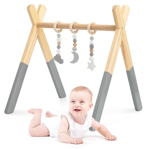 mamabrum Baby Gym en Bois avec 3 Suspensions Sensorielles – Sûr pour Nouveau‑nés – Montessori – Léger – Dès 0 Mois – Bois Naturel