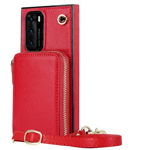 VQWQ Funda Compatible with Huawei P40-1,5M Colgante Cremallera Billetera Funda Cuero Bloqueo RFID Soporte Cartera para Tarjetas Case for Huawei P40 [XL] -Red