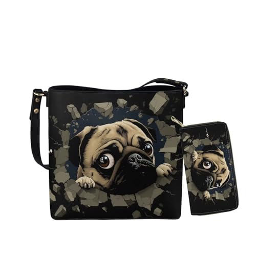 Image of HUGS IDEA Leather Purses and Handbag for Women Bucket Bag with Wrist Wallet 2 Packs