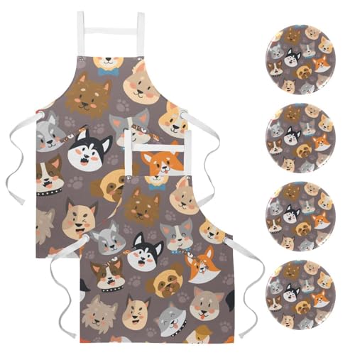 Tablier de cuisine lot de 2 avec motifs animaux souriants et poches pratiques