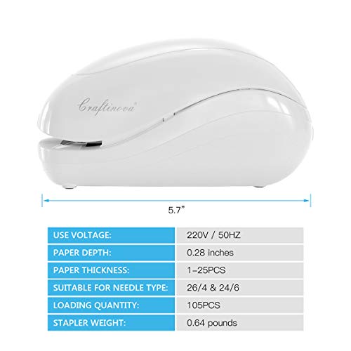 Craftinova Electric Stapler,Including 2000 Staples And 1 Adapters,Suitable For Palm Size And High Comfort，25 Sheet Capacity, Ac Adapter Or Battery Powered，Battery Not Included，(White) #TOP2