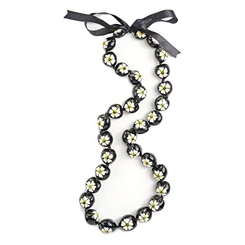 Aloha Outlet Hibiscus Painted Kukui Nut Lei Necklace - White Hibiscus Cover