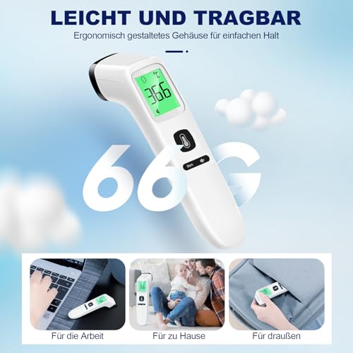 Fieberthermometer Kontaktlos Stirnthermometer, Digitales Infrarot Thermometer für Babys und Erwachsene mit sofortigen genauen Messwerten, Fieberalarm, LCD-Anzeige und 35 Speicherabruf (Creme)