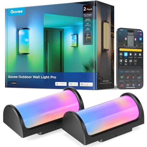 Image of Govee Outdoor Wall Lights Pro, 2 Pack, 2000LM, RGBICWW 72-Zone Customization, Music-Sync, IP67 Waterproof for Outdoor Decor, Porch, Garage, Yard, Patio, Compatible with Alexa, Google Home and Matter