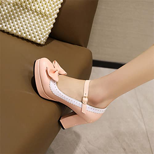 Image of Women Bow Mary Janes Platform Block High Heels Kawaii Shoes Dress Pumps Pink