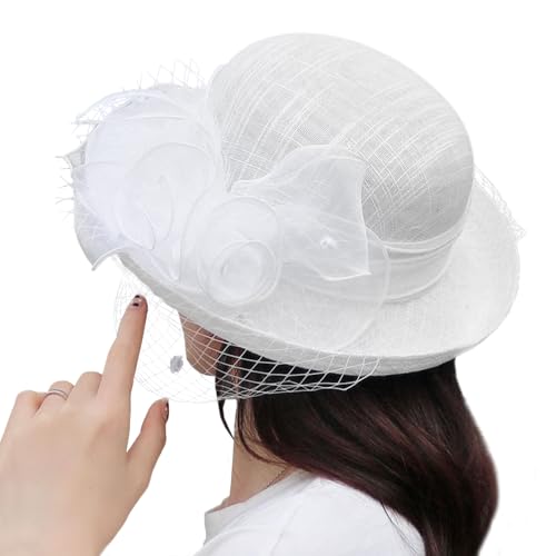 Womens Tea Party Church Baptism Wedding Derby Dressy Hat Organza Derby Hat Bridal Wedding Summer Bucket Bowler Hats Sun Cap White