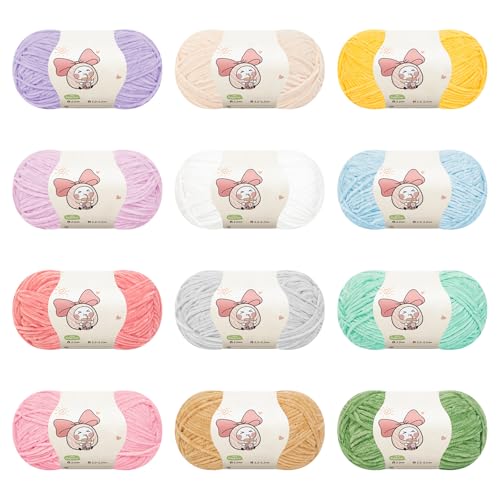 Aeelike Fine Laine Chenille, 12×50g Set de Fils Chenille Multicolores, Fil à Crochet ultra-doux pour Débutants, Laine Peluche Chaude Amigurumi, Fil à...