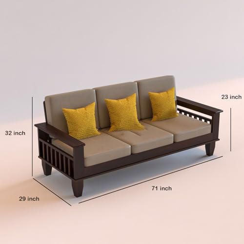 Image of Sheesham Wooden 3 Seater Sofa for Living Room | Rosewood 3 Seater Cushion Sofa with Side Newspaper Holder for Home & Office | Solid Wood Sofa Set for Lounge (-Walnut)