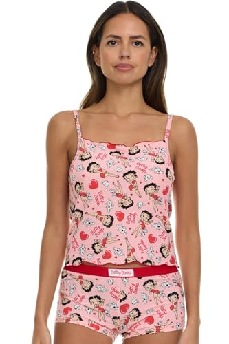 COCO BRANDS Womens Pajama Sets - 2 Piece Looney Tunes Betty Boop Garfield Powerpuff Girls Tops and Pajama Short Set (S-XL), Size Large, Pink Betty Boop Red Hearts & Dog Toss Print