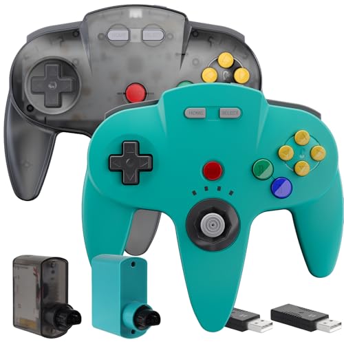 Image of 2 Pack Wireless N64 Controller Made for Switch 1 & 2, N64 Console, Wireless 2.4 GHz Receivers Compatible with Switch Online, Windows PC, macOS (Built-in Vibration) (Rechargeable) Gunmetal Grey /Cyan