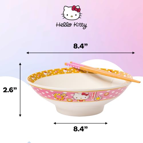 Image of Silver Buffalo Sanrio Hello Kitty Pink, Ramen Bowl with Chopsticks, 30oz | Gold Japanese Pattern with Flowers, Ceramic, Noodle Rice, Microwave Safe, 0.89 Liters