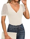 Fayenne Womens Sexy Tops Deep V Neck Cross Wrap Dressy Tops for Women Polka Dot Mesh Short Sleeve Casual Blouses T Shirt Beige