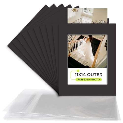 Golden State Art, 10 Pack 11x14 Slip-in photo Mats Kits For 8x10 Photos, Pre-Pasted Backing Boards, Acid-Free, 8-Ply Thick Cardboard Frames, With Clear Storage Bags (Matte Black)