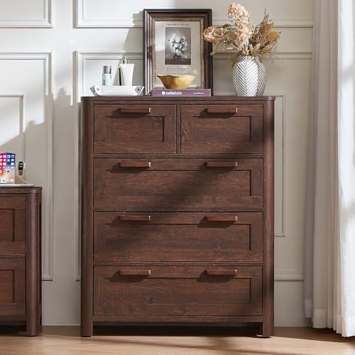 Image of Joaxswe Farmhouse 5 Drawer Dresser for Bedroom, Vertical Dressers Chest of Drawers with 5 Deep Drawers & 4 Thickened Table Legs & Rounded Corners, Walnut