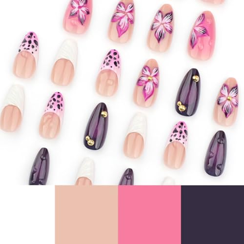 Image of Flower Nail Press ons Speing Fake Nails French Tip Glue on Nails with 3D Line Design Glossy Artificial Acrylic Full Cover Dark Purple False Nails Medium Almond Stick on Nails for Women Manicure 24Pcs
