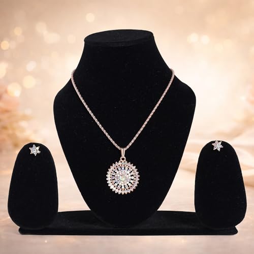 Image of Rose Gold Pendant Necklace Set with Stud Earrings, Aurora Borealis Crystal, Floral Mandala Design
