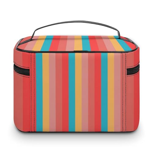 Leather Cosmetic Case, Coral Turquoise Yellow Stripes Portable Makeup Bag Organizer Large Capacity Travel Toiletry Bag with Zipper3