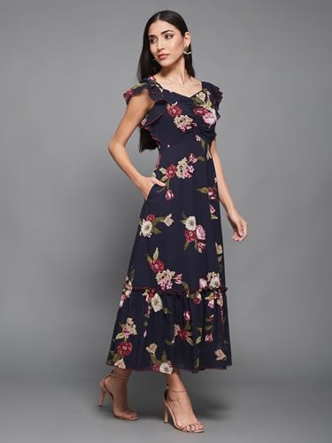 Image of Miss Chase Women's Round Neck Sleeveless Polyester Ruffled Knee- Length Dress