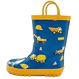 Toddler Rain Boots Waterproof Rubber Kids Rain Boots for Girls and Boys with Fun Patterns and Easy-On Handles (Blue Construction Vehicles, Little Kid, 13, Numeric, US Footwear Size System, Medium)