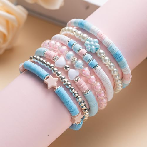 Heishi Preppy Bracelets, y2k Kawaii Stuff, Bohemian Beaded Charm Stackable Bracelet Set, Aesthetic Jewelry,Gifts for Women3