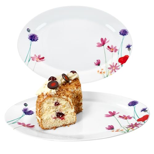 MamboCat Marie Lot de 2 plats de service ovales I (L x l) 35,5 x 24,3 cm | Assiette allongée en porcelaine avec décor prairie florale I pour sushis, antipasti, tapas, etc. I Plat à entrées