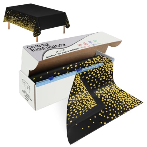 Image of tujol Black and Gold Disposable Plastic Table Cloth Roll 54 inch X 100'